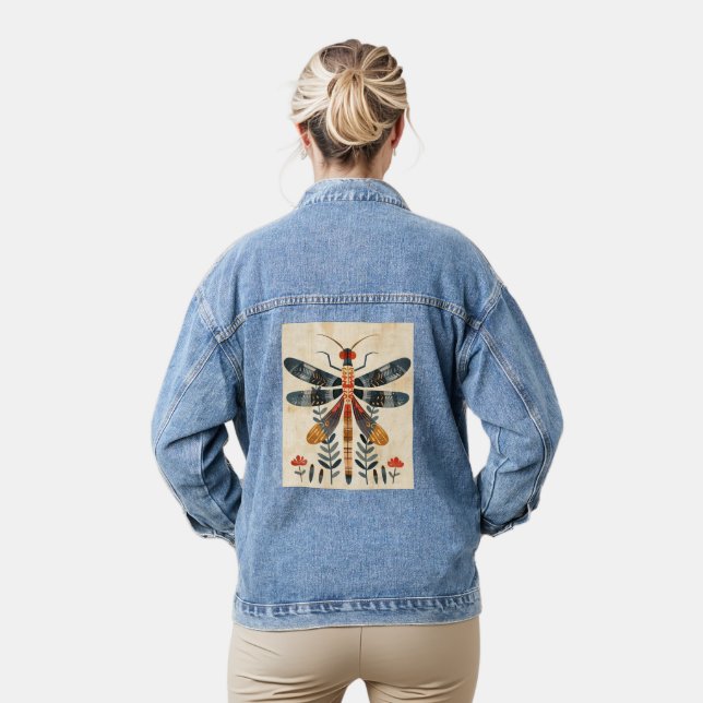 DRAGONFLY ART DENIM JEAN JACK DENIM JACKET (Model)