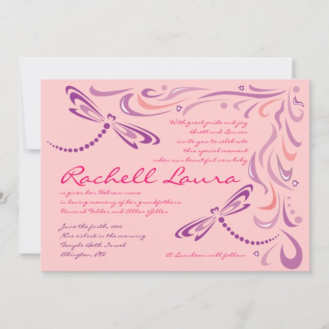 Dragonfly Baby Naming Invitation Jewish Hebrew (Front)