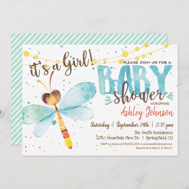 Dragonfly Baby Shower invitation, Girl Invitation (Front/Back)