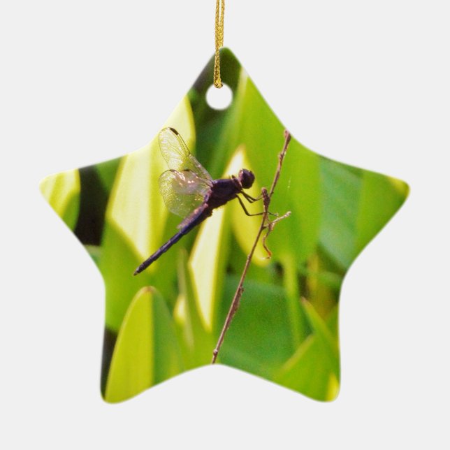 Dragonfly Blue and black on grass. Ceramic Tree Decoration (Front)