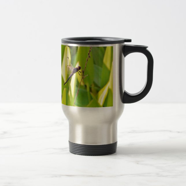 Dragonfly Blue and black on grass. Travel Mug (Right)