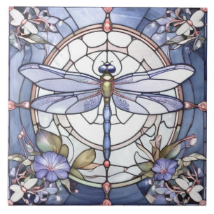 Dragonfly Blue and White Stained Glass Flower Tile