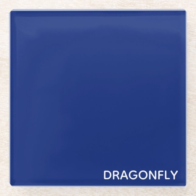 Dragonfly blue colour name glass coaster (Front)