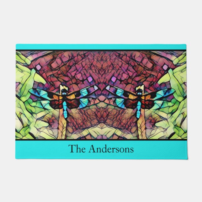 Dragonfly Blue Teal Aqua Black Family Name Doormat (Front)