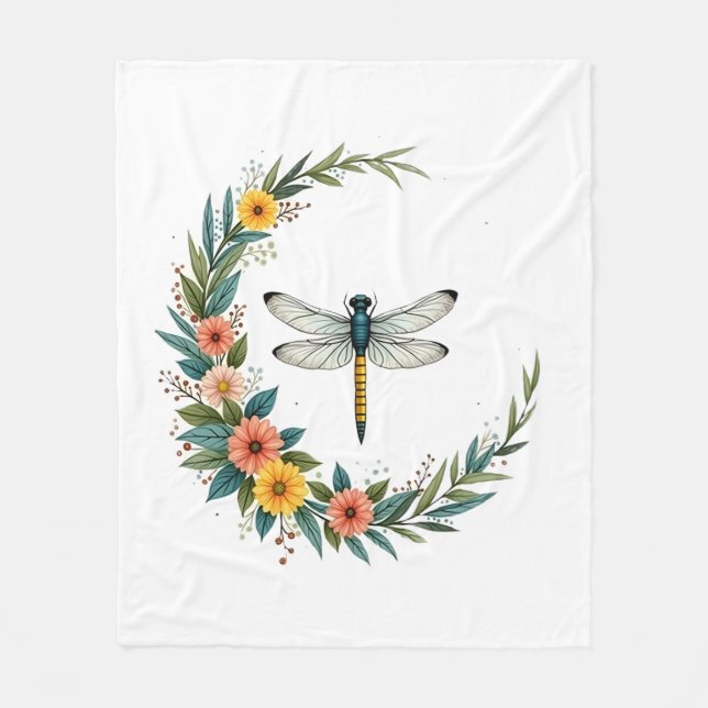 Dragonfly Boho Crescent Moon Peace Sign Hippie Dra Fleece Blanket (Front)