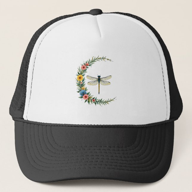 Dragonfly Boho Crescent Moon Peace Sign Hippie Dra Trucker Hat (Front)