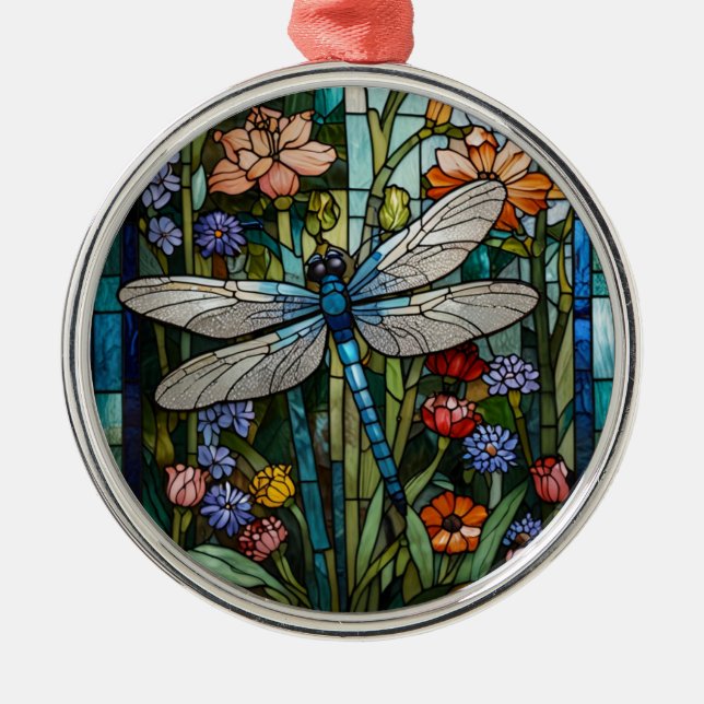 Dragonfly boho floral botanical stain glass metal tree decoration (Front)