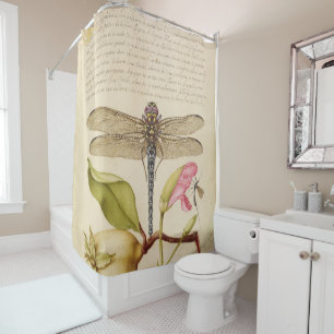 Dragonfly Botanical Print Shower Curtain