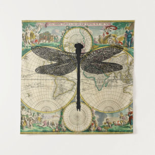 dragonfly Bug Insect Silhouette old map Tapestry
