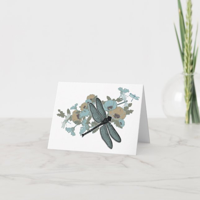 Dragonfly Chic Stylish Flowers Blues Grey Gold Thank You Card (Front)