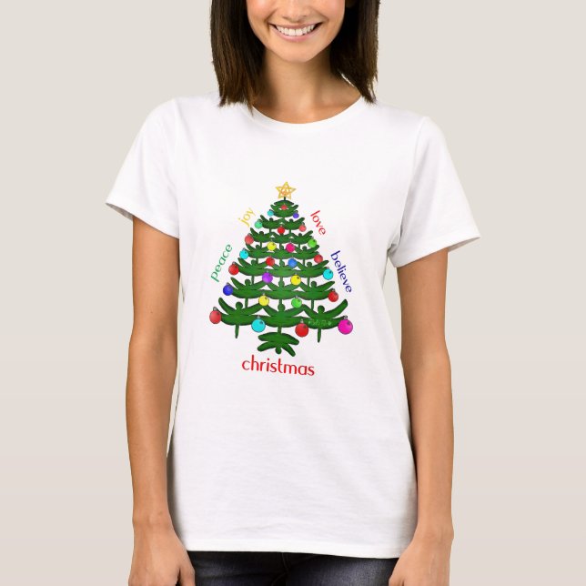 Dragonfly Christmas Tree with Peace, Love & More T-Shirt (Front)