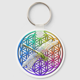 Dragonfly colourful flower of life chakra key ring