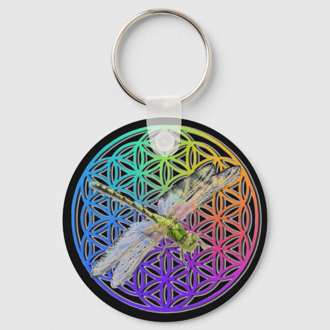 Dragonfly | colourful flower of life | chakra      key ring (Front)