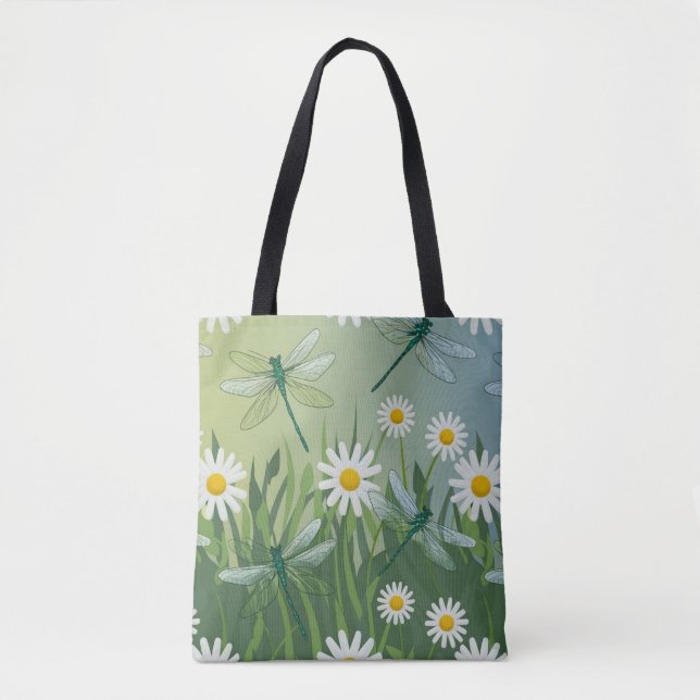 Dragonfly Daisies Shopping Errand Tote Bag (Front)