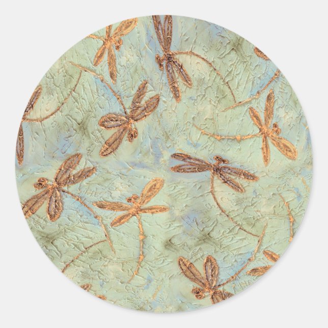 Dragonfly Dance Gold Classic Round Sticker (Front)