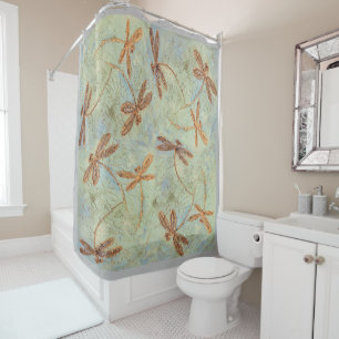 Dragonfly Dance Gold Shower Curtain