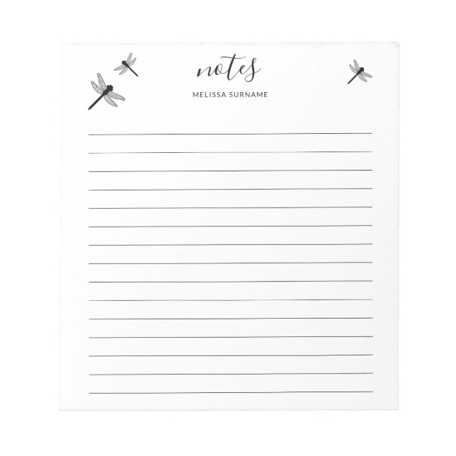 Dragonfly Design With Personalizable Name Lined Notepad (Front)