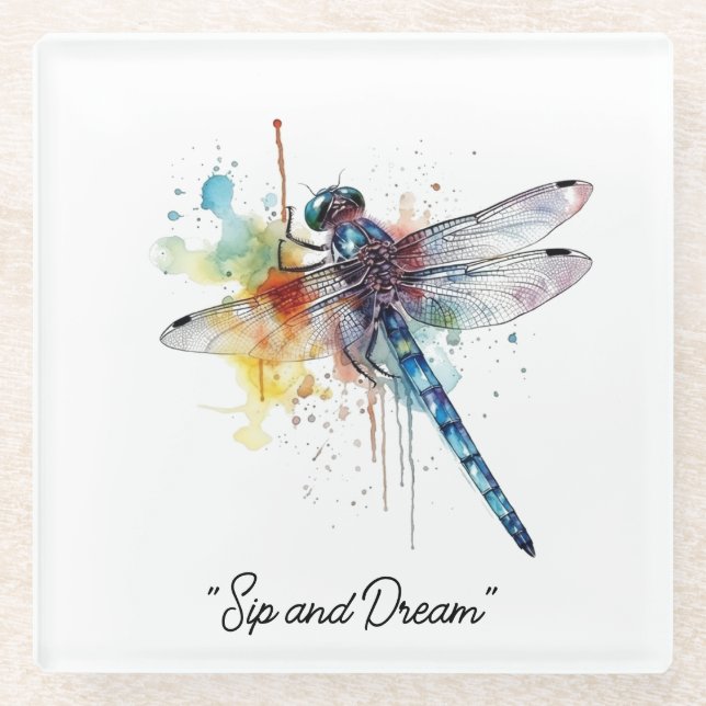 Dragonfly Dreamscape, custom Glass Coaster (Front)