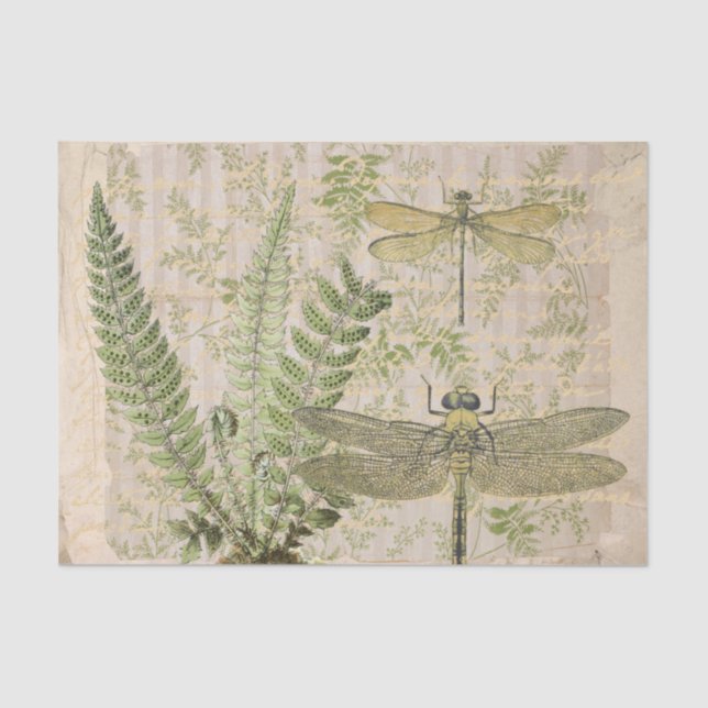 Dragonfly Fern French Script Decoupage Vintage  Tissue Paper (Front)