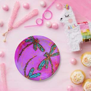 Dragonfly Flit Hot Pink Paper Plate