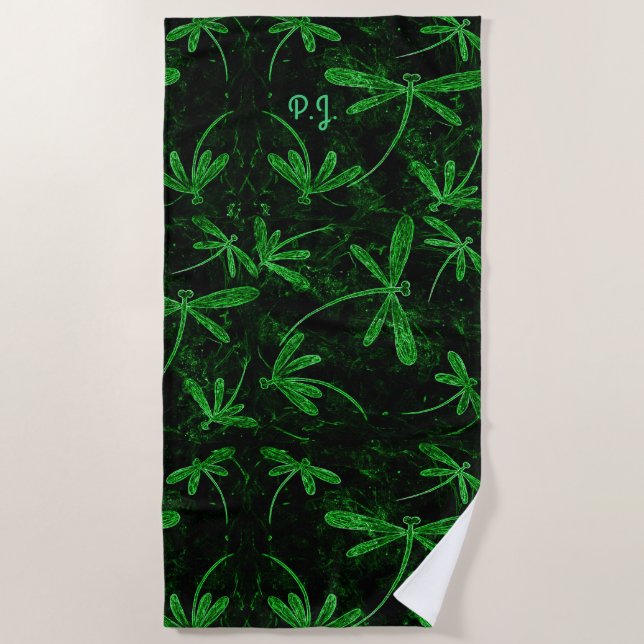 Dragonfly Flit Neon Green Beach Towel (Front)
