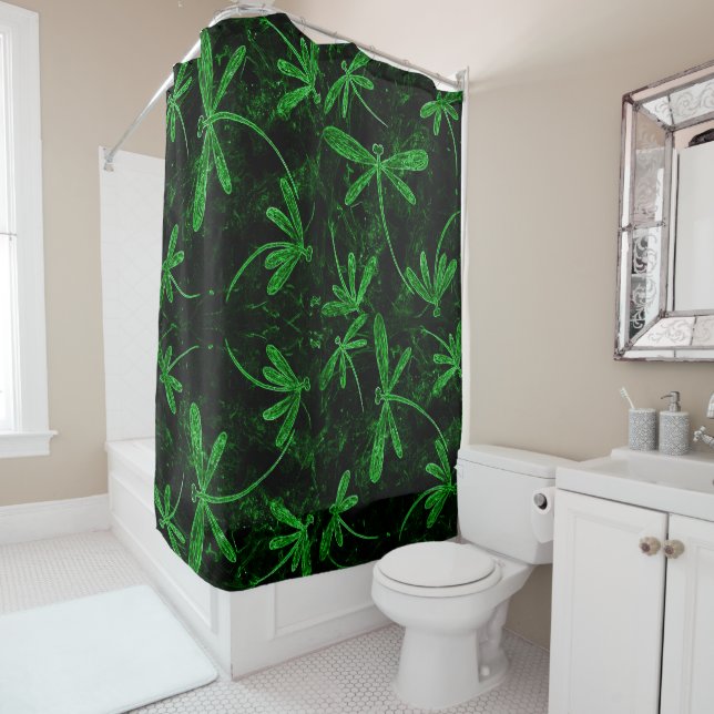 Dragonfly Flit Neon Green Shower Curtain (In Situ)