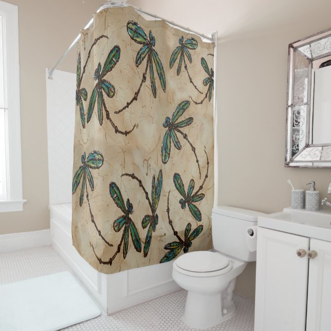 Dragonfly Flit Rustic Cream Shower Curtain (In Situ)