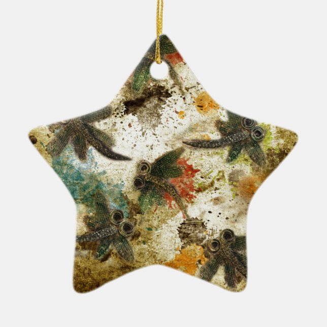 Dragonfly Flit Rustic Splash Ceramic Tree Decoration (Front)