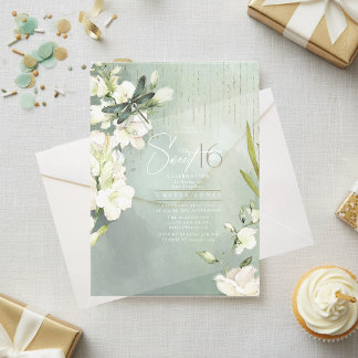 Dragonfly Floral Sweet 16 Sage Green ID1310 Acrylic Invitations