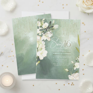 Dragonfly Floral Sweet 16 Sage Green ID1310 Invitation
