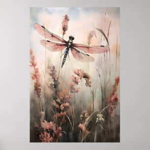 Dragonfly Flower Field Print, Cottagecore Coastal Poster