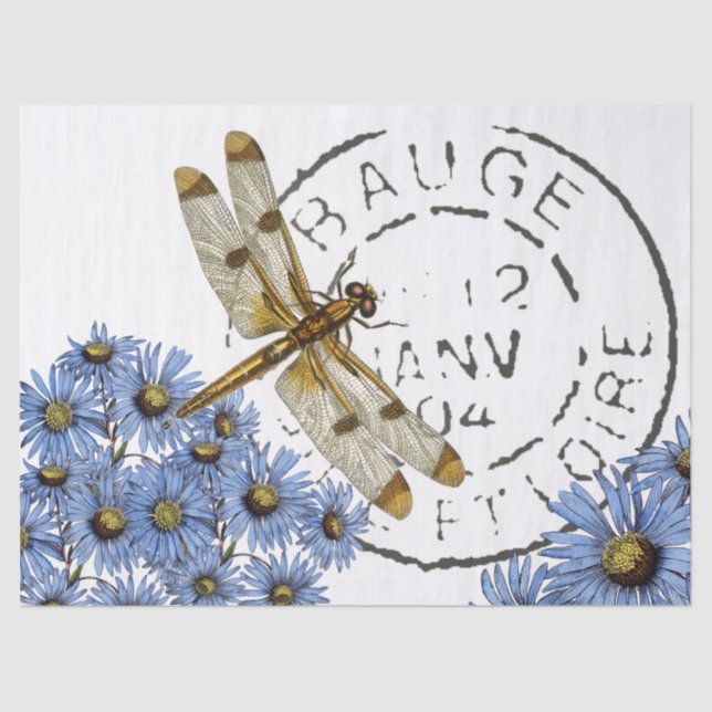 Dragonfly Flower French Postmark Vintage Decoupage Tissue Paper (Front)