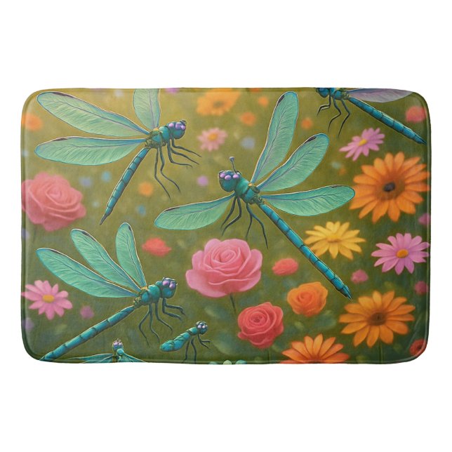 Dragonfly Flowers Bath Mat (Front)