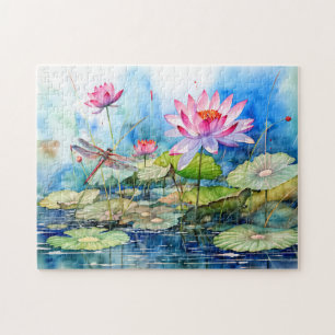 Dragonfly flying through pink water lilies jigsaw puzzle