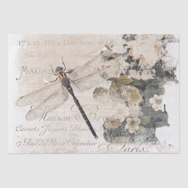 Dragonfly French Script Shabby Floral Decoupage Tissue Paper (Front)