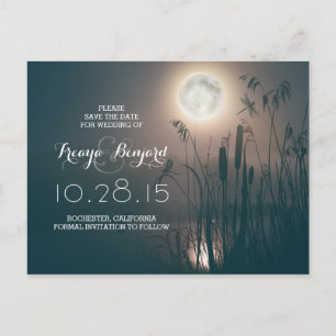 dragonfly full moon night & cattails save the date announcement postcard