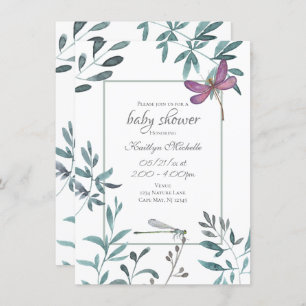Dragonfly Garden Greenery on White Baby Shower Invitation
