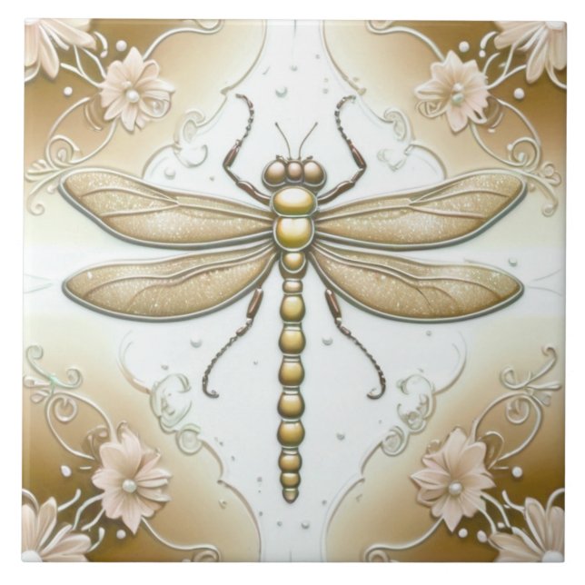 Dragonfly Gold and White Flower Art Tan Brown Tile (Front)