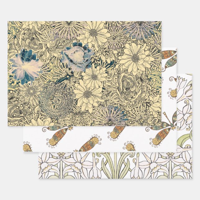 Dragonfly Gold Garden Wrapping Paper Sheet (Set)
