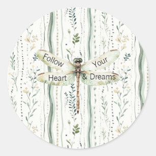 Dragonfly Green White Chic Floral Inspirational  Classic Round Sticker