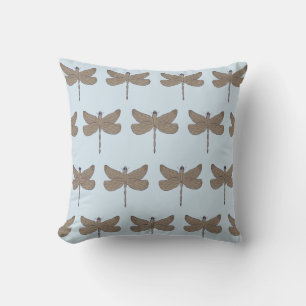 Dragonfly Illustration Pattern Blue and Tan Cushion