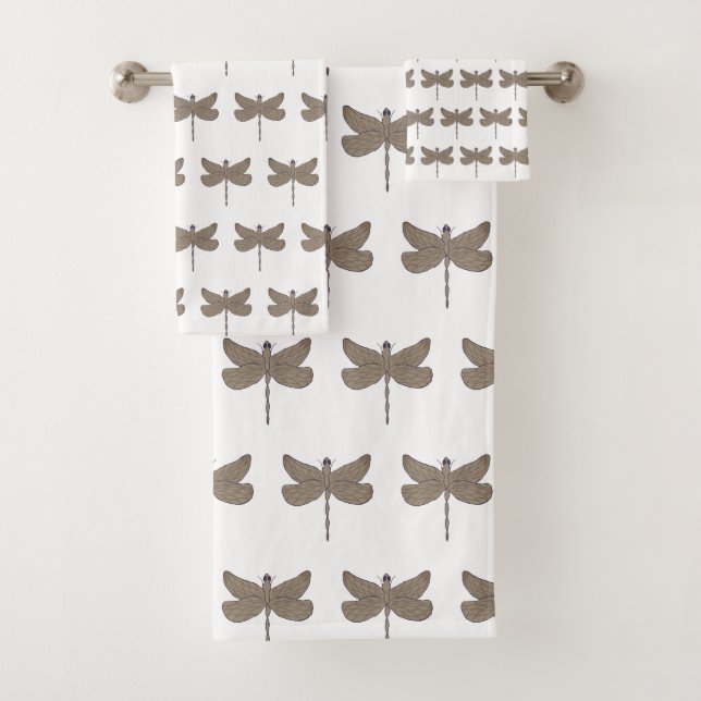 Dragonfly Illustration Pattern Purple and Tan Bath Towel Set (Insitu)