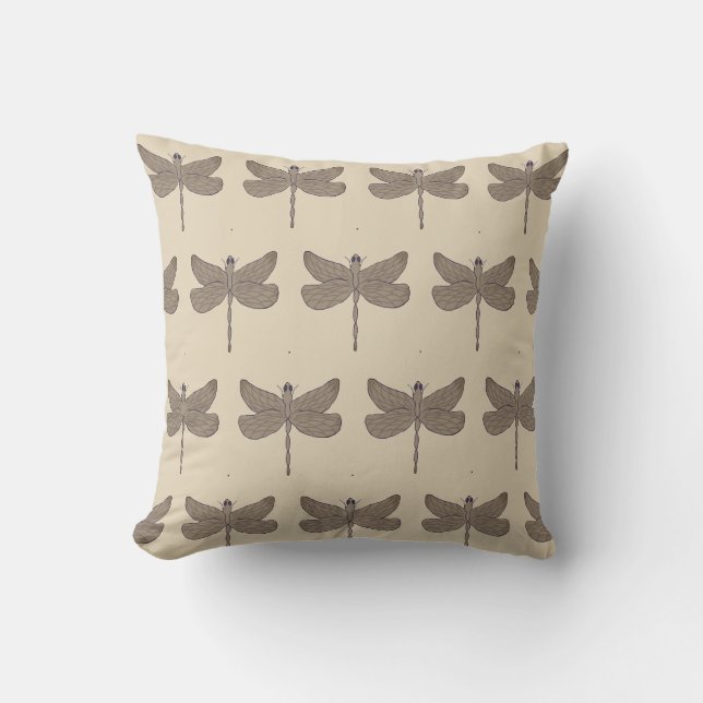 Dragonfly Illustration Pattern Purple and Tan Cushion (Front)