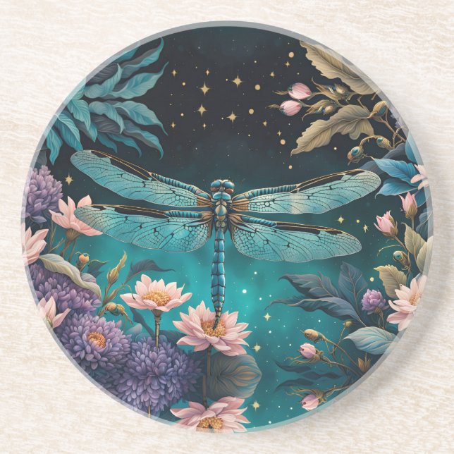 Dragonfly in a floral garden at night coaster (Front)