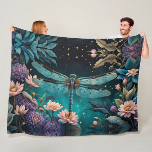 Dragonfly in a floral garden at night fleece blanket