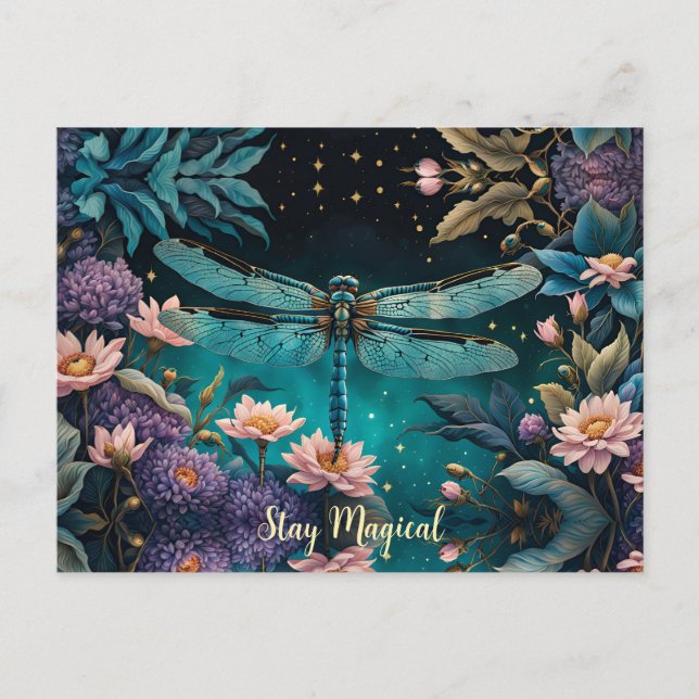 Dragonfly in a floral garden at night postcard (Front)