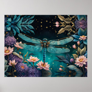 Dragonfly in a floral garden at night poster