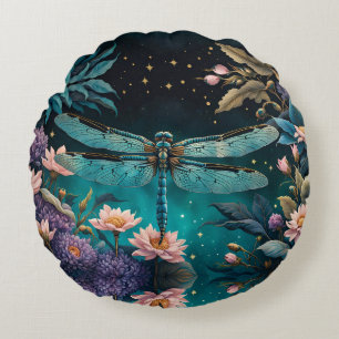 Dragonfly in a floral garden at night round cushion