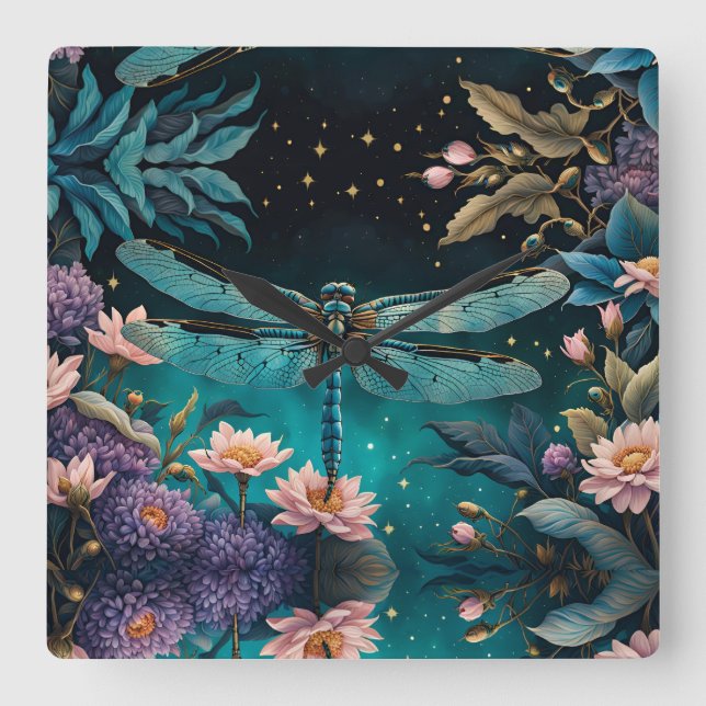 Dragonfly in a floral garden at night square wall clock (Front)