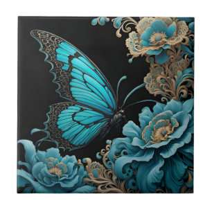 Dragonfly in a floral garden at night tile
